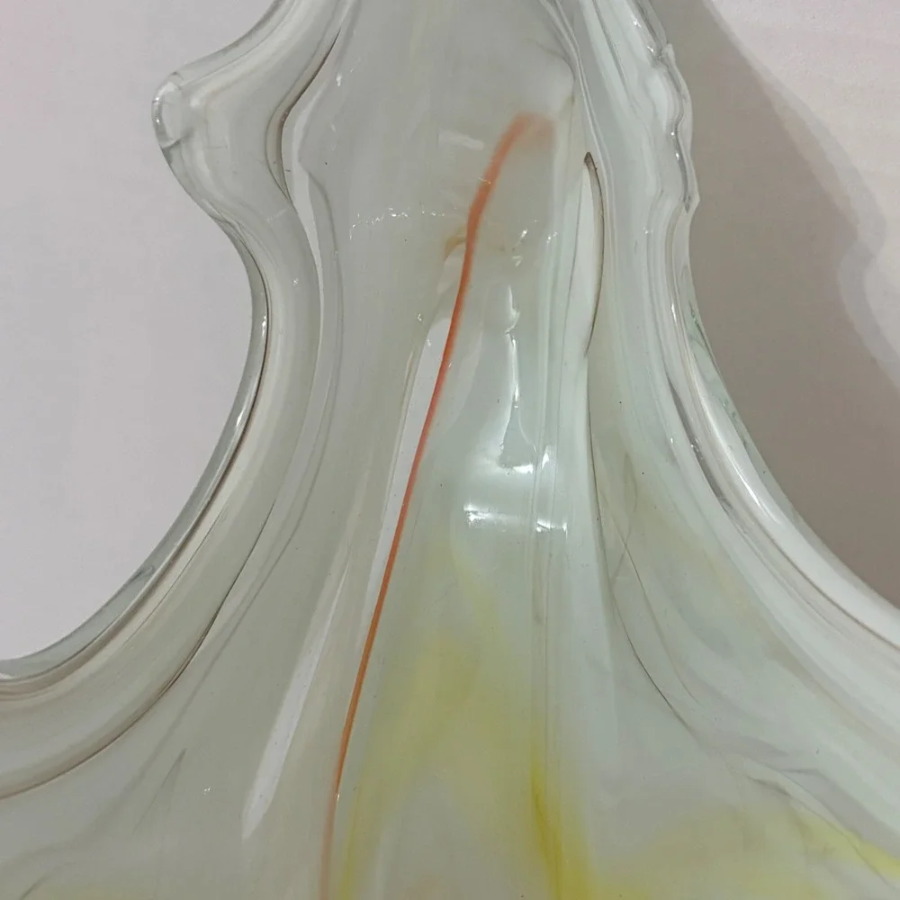 Vintage Murano Style Hand-Blown‎ Art Glass Vase Yellow White Swirl Pattern